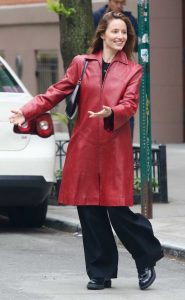 Dianna Agron in a Red Leather Trench Coat