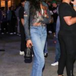 Jourdan Dunn in a Blue Jeans Exits the Lakers vs Suns Game in Los Angeles 04/08/2023