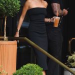 Hailey Bieber in a Black Strapless Dress Leaves a Hotel in Tribeca in NYC 05/09/2023