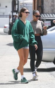 Hailey Bieber in a Green Hoodie