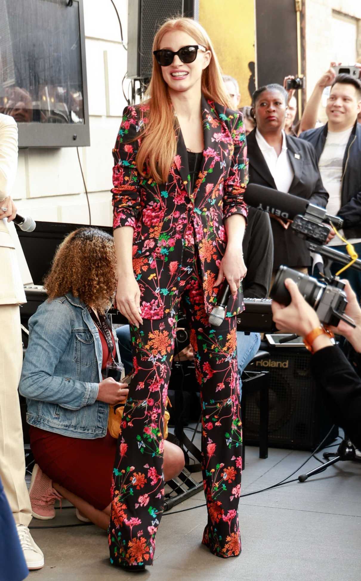 Jessica Chastain in a Black Floral Pantsuit