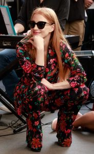 Jessica Chastain in a Black Floral Pantsuit