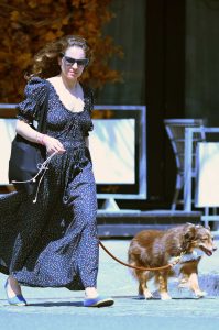 Margarita Levieva in a Blue Floral Dress