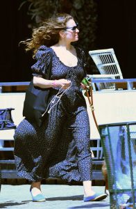 Margarita Levieva in a Blue Floral Dress