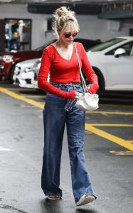 Melanie Griffith in a Red Long Sleeves T-Shirt