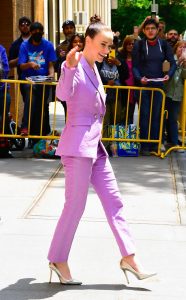 Rachel Brosnahan in a Purple Pantsuit