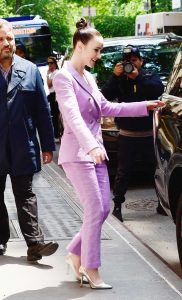 Rachel Brosnahan in a Purple Pantsuit