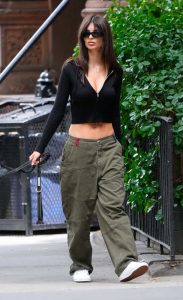 Emily Ratajkowski in an Olive Pants