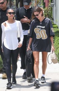 Hailey Bieber in a Black Oversized Tee