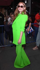 Jessica Chastain in a Neon Green Pantsuit