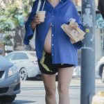 Alia Shawkat in a Blue Shirt Showcases Her Baby Bump During a Coffee Run in Los Feliz 07/18/2023