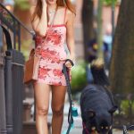 Emily Ratajkowski in a Pink Floral Mini Dress Walks Her Dog in New York 07/25/2023