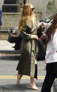 Jennifer Lawrence in an Olive Trench Coat