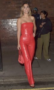 Frankie Bridge in a Red Leather Ensemble