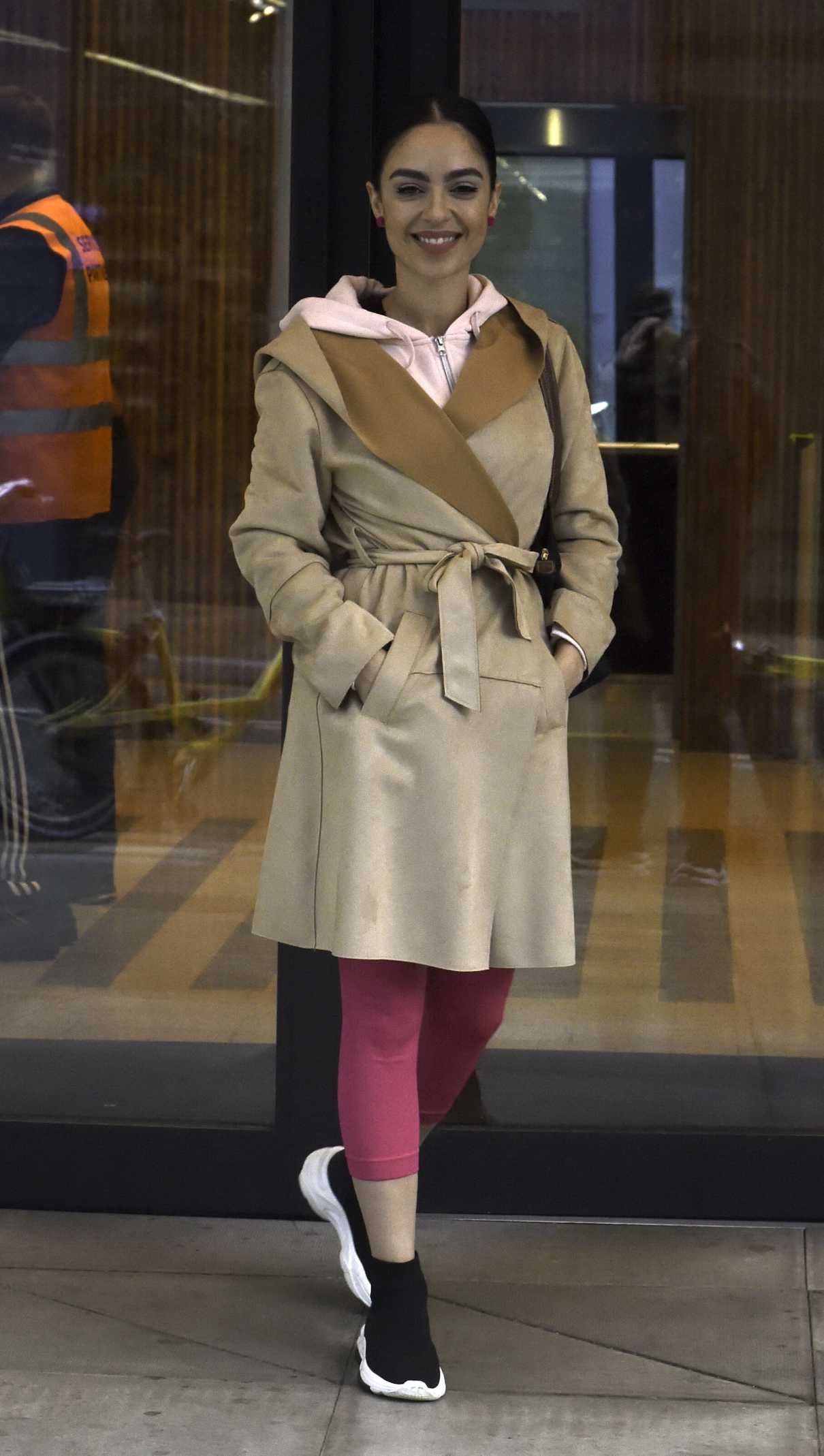 Maria Tsiatsiani in a Beige Trench Coat Leaves BBC Morning Live Studios