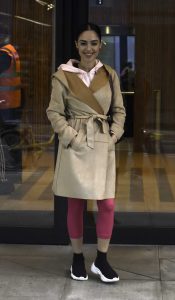 Maria Tsiatsiani in a Beige Trench Coat