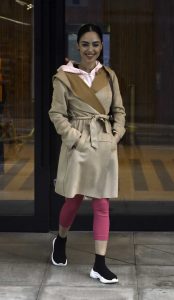 Maria Tsiatsiani in a Beige Trench Coat