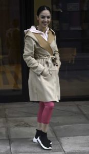 Maria Tsiatsiani in a Beige Trench Coat