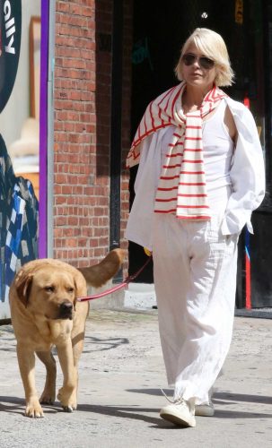 Selma Blair in a White Ensemble Walks with Her Dog in Manhattan’s SoHo