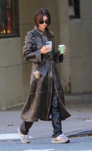 Emily Ratajkowski in a Black Leather Coat