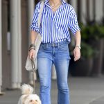 Julianna Margulies in a Striped Shirt Walks Her Dog in New York 09/24/2023
