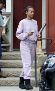 Zoe Saldana in a Lilac Sweatsuit