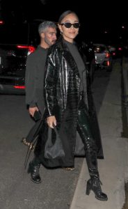Ashley Madekwe in a Black Leather Trench Coat