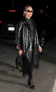 Ashley Madekwe in a Black Leather Trench Coat