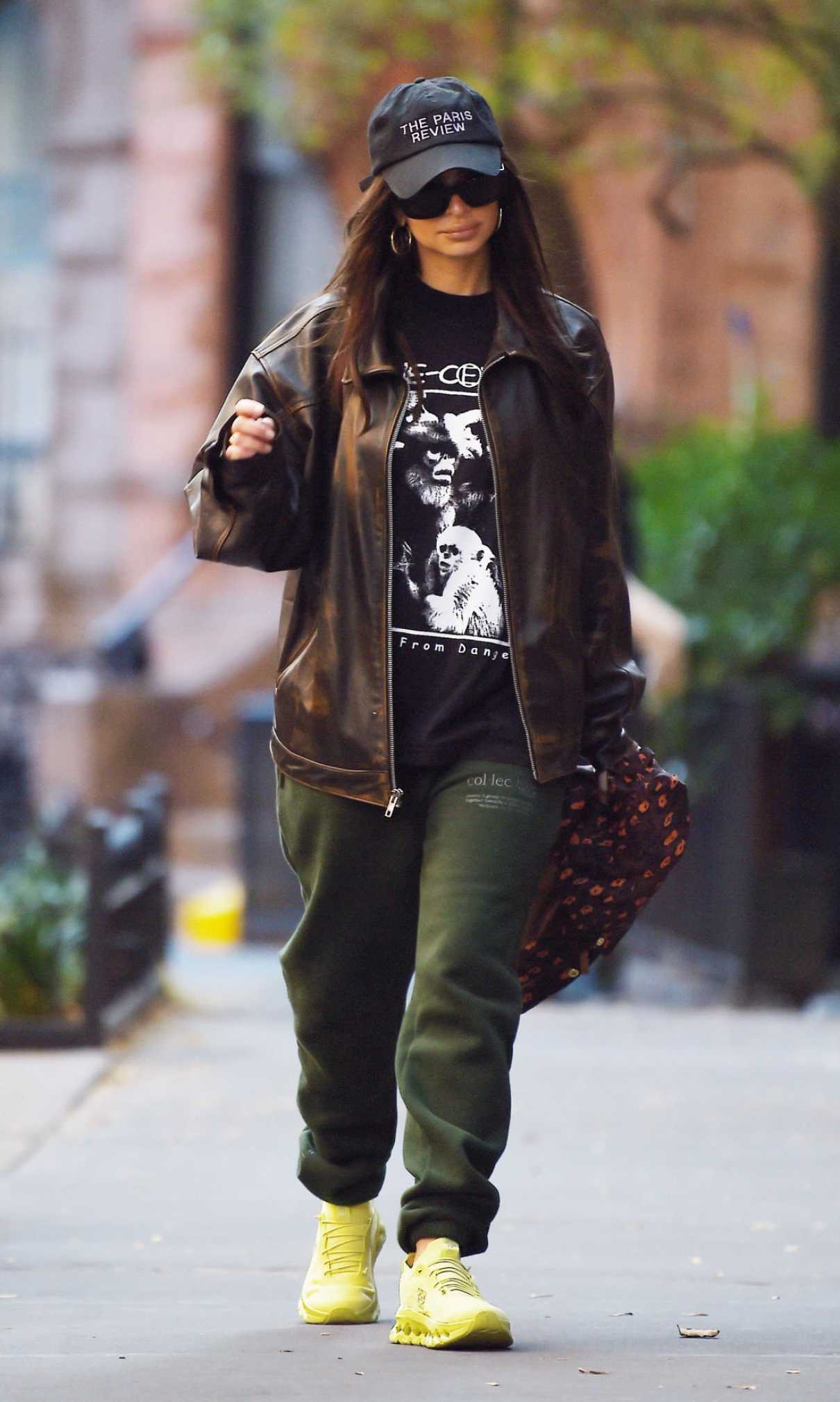 Emily Ratajkowski in a Brown Leather Jacket 