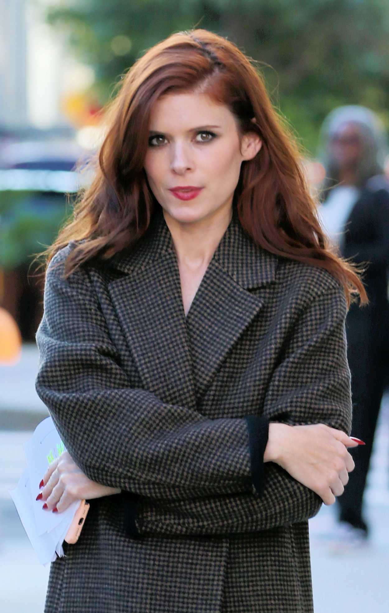 Kate Mara in a Grey Coat on the Set of The Dutchman in New York 10/11