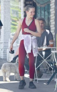 Kristen Bell in a Red Workout Ensemble