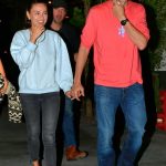 Mila Kunis in a Baby Blue Sweatshirt Leaves French Restaurant with Ashton Kutcher in Los Angeles 10/10/2023