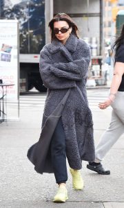 Emily Ratajkowski in a Grey Faux Fur Coat
