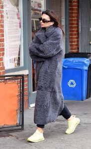 Emily Ratajkowski in a Grey Faux Fur Coat