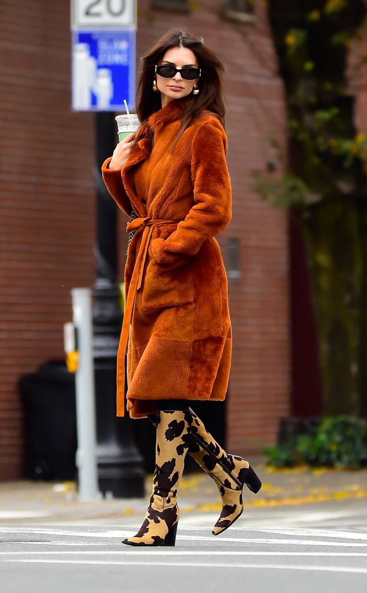 Emily Ratajkowski in an Orange Fur Coat