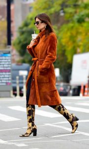 Emily Ratajkowski in an Orange Fur Coat