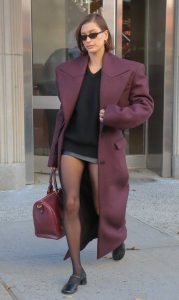 Hailey Bieber in a Purple Coat