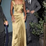 Jasmine Tookes in a Gold Dress Arrives at the Fleur Room Lounge with Her Husband Juan David Borrero to Party in West Hollywood 11/05/2023