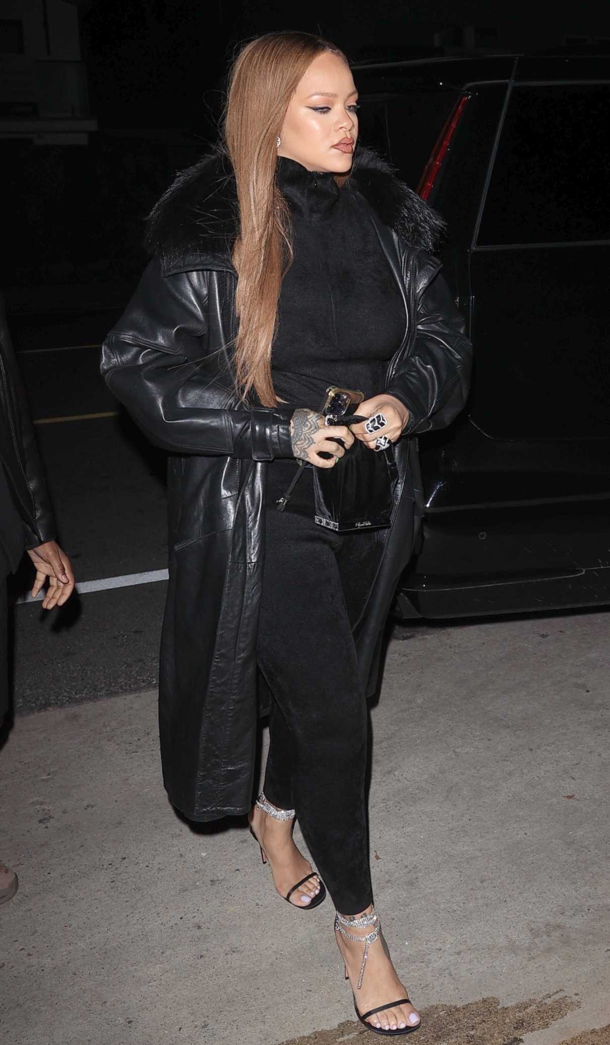 Rihanna in a Black Leather Coat Leaves Dinner at Giorgio Baldi in Santa ...