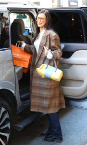 Bella Hadid in a Tan Plaid Coat