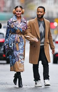 Chrissy Teigen in a Floral Print Trench Coat