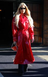 Jessica Simpson in a Red Leather Trench Coat