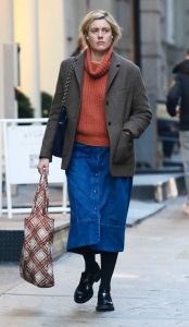 Greta Gerwig in a Blue Skirt