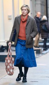 Greta Gerwig in a Blue Skirt