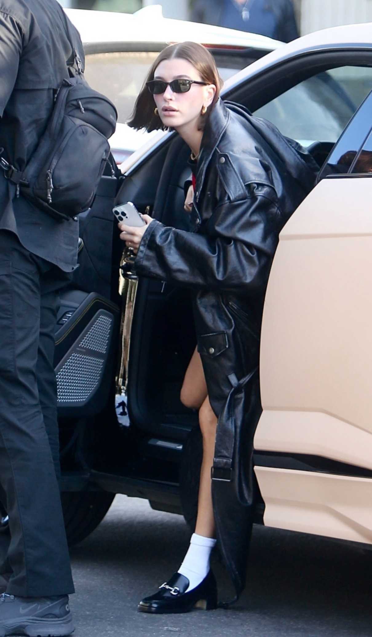 Hailey Bieber in a Black Leather Coat