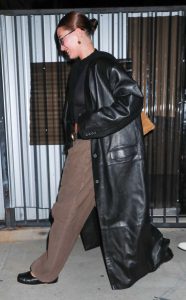 Hailey Bieber in a Black Leather Trench Coat