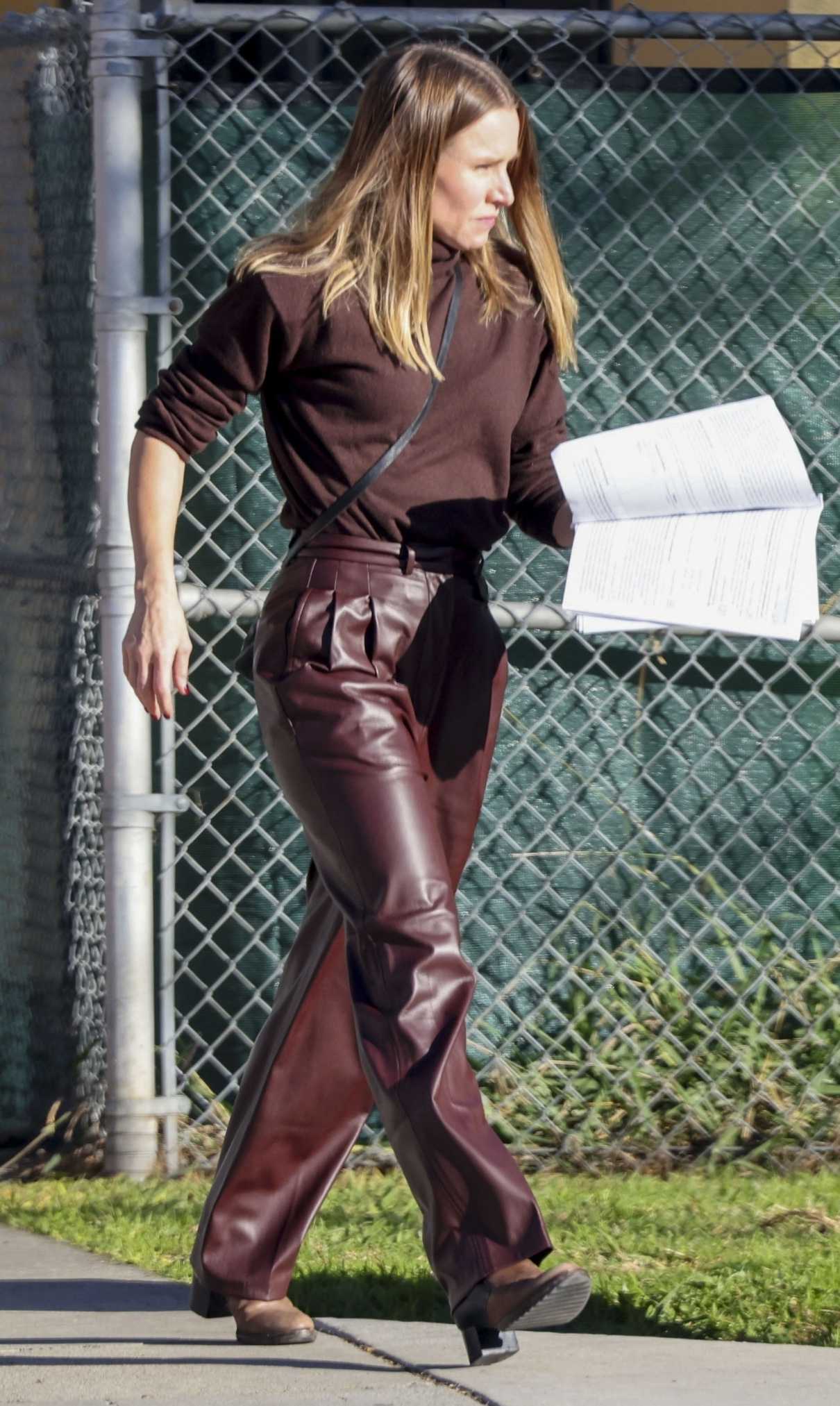Kristen Bell in a Brown Leather Pants