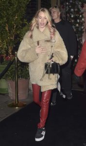 Mary Furze in a Beige Faux Fur Coat