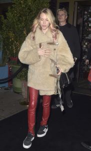 Mary Furze in a Beige Faux Fur Coat