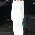 Calista Flockhart in a White Pantsuit Arrives at Good Morning America in New York 01/24/2024